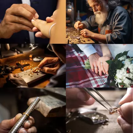 Collage of images showing ring manufacturing
