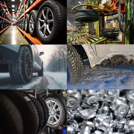 Collage of images showing tyres and tyre studs