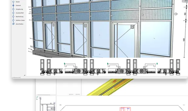 Screenshot von Logikal auf dem eine 3D-Ansicht einer Fensterfront zu sehen ist.
