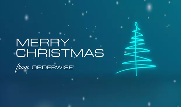 merry christmas message from OrderWise and a teal christmas tree